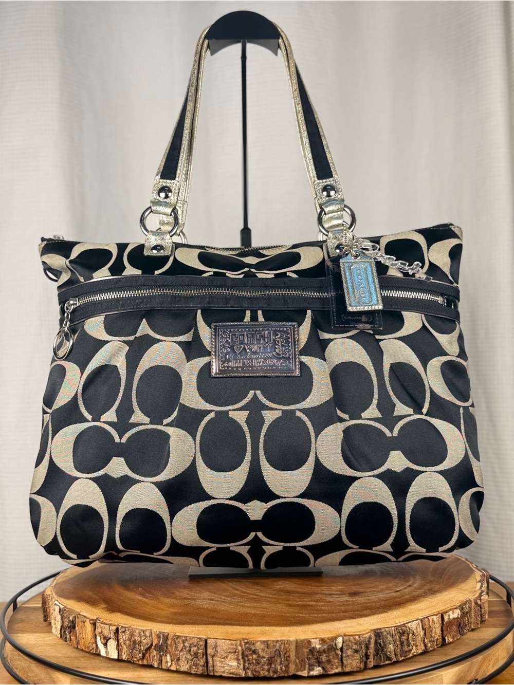 Coach Poppy Y2K Signature Sateen Glam Tote 15316 Black Silver Shoulder Bag EUC